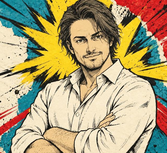 Hand-inked drawing of Andrey: dark shoulder-length hair, short beard, white shirt, arms crossed.
