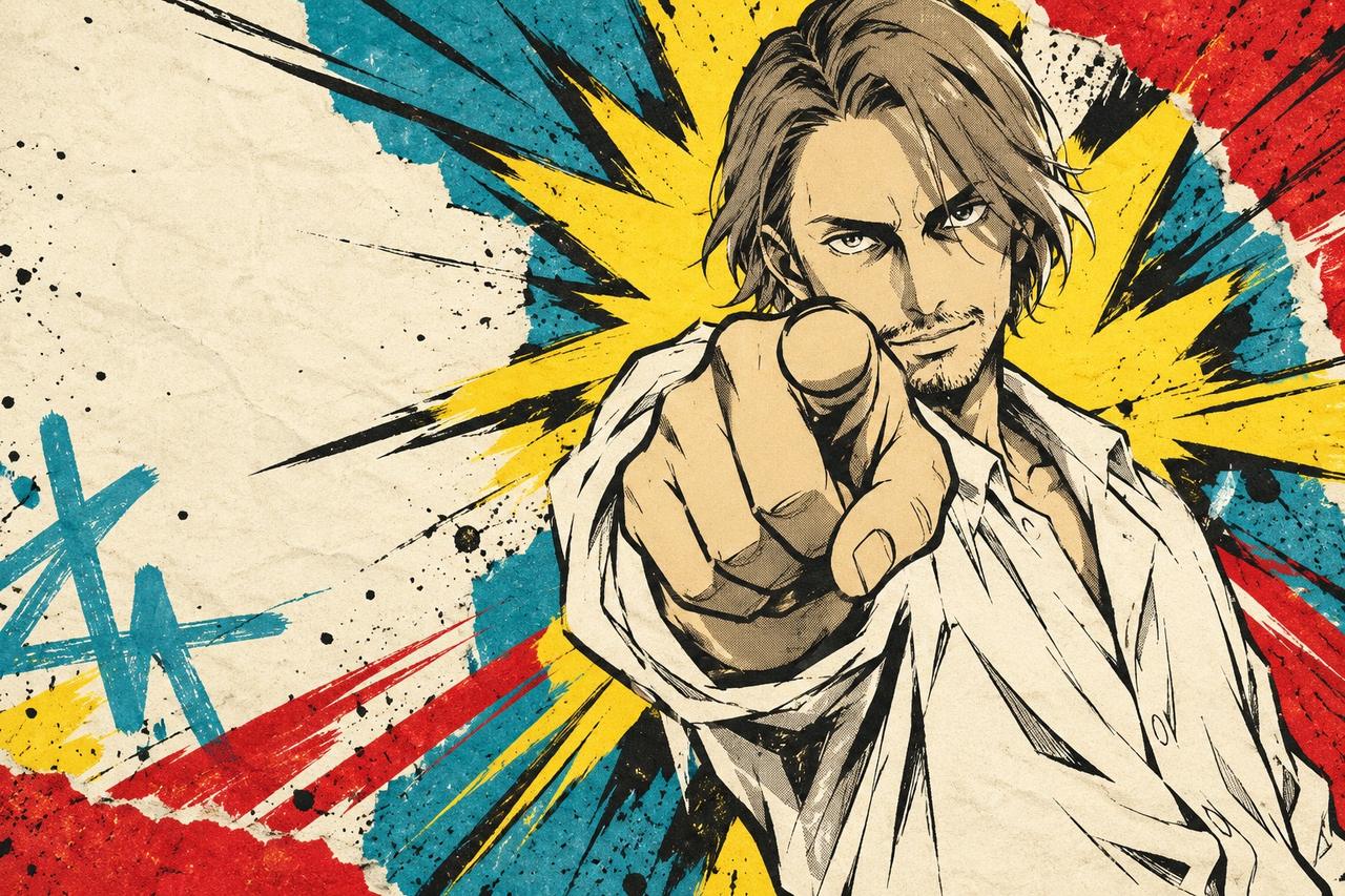 Hand-inked drawing of Andrey pointing straight at the viewer, white shirt, in front of a yellow comic burst with red and turquoise paint strokes.