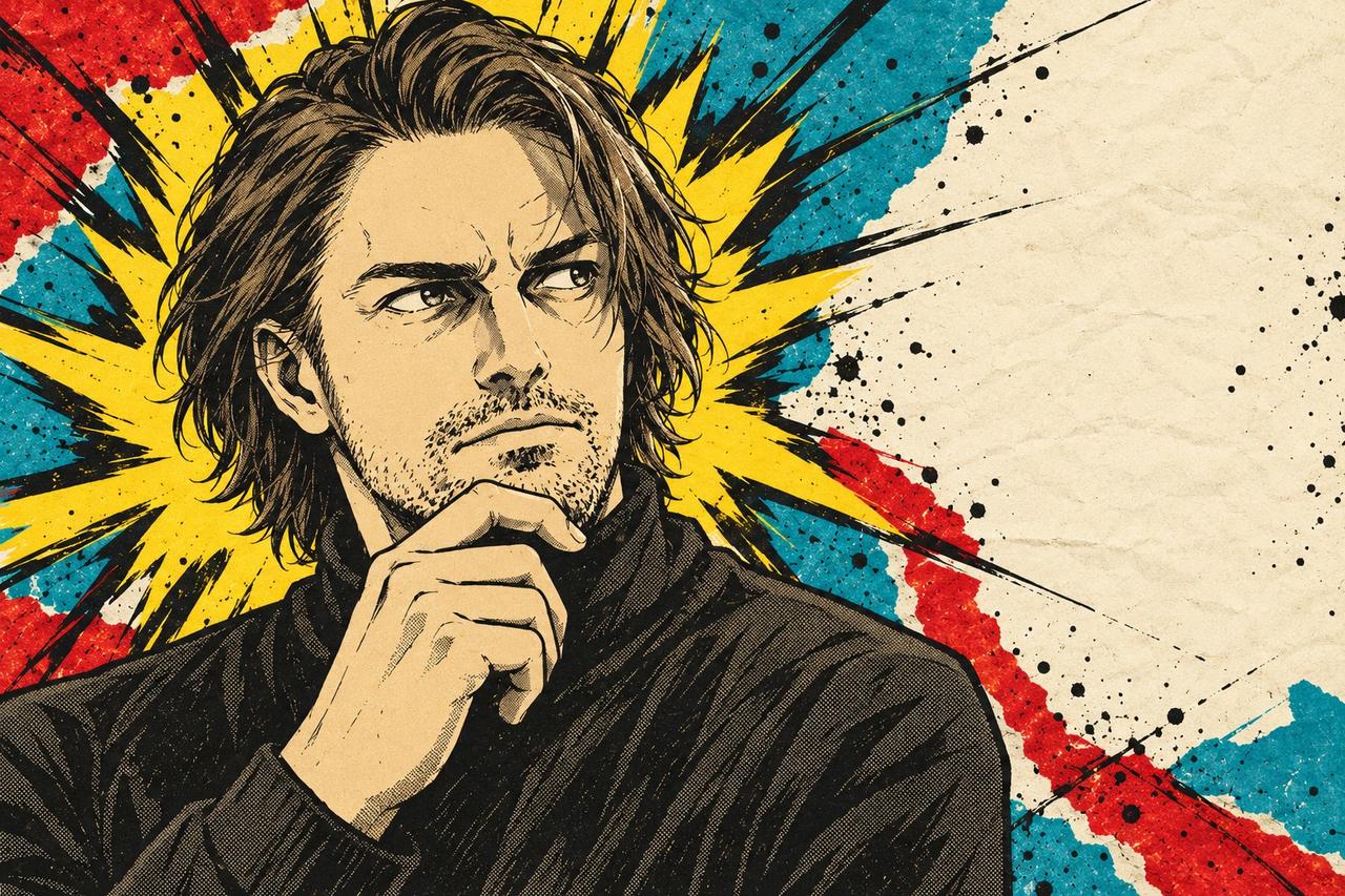 Hand-inked drawing of Andrey thinking: hand on chin, dark turtleneck, looking to the side, yellow comic burst behind him.